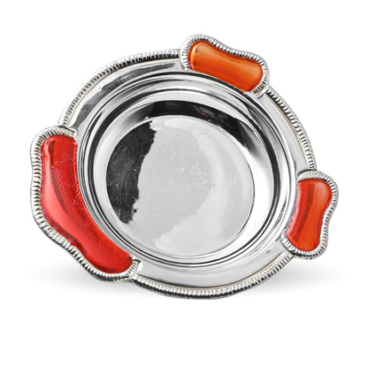 Handcrafted silver plate featuring a vibrant orange border