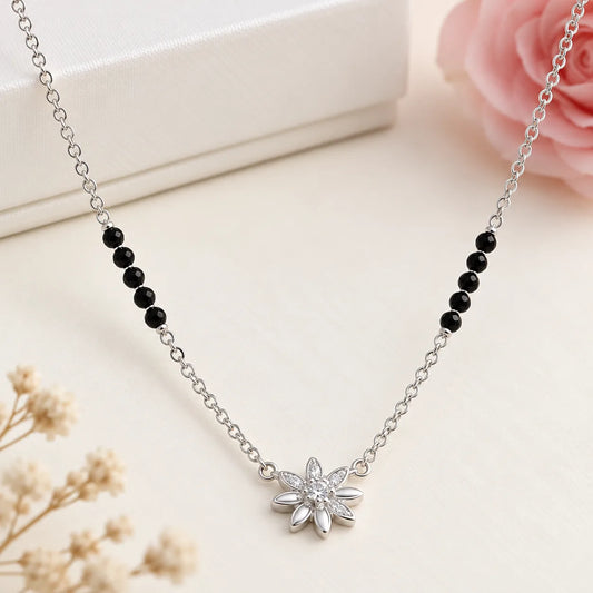 Tiny Flower Black Beads Silver Mangalsutra