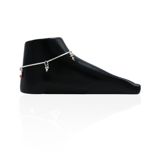 Silver anklet featuring soft-rated colourful gemstones for a vibrant touch.