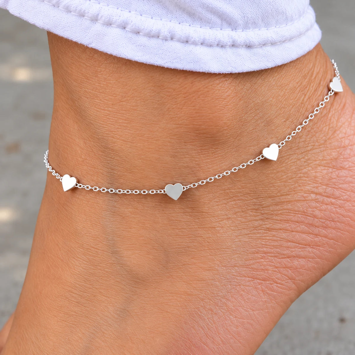 Tiny Heart Charm Silver Anklet Pair