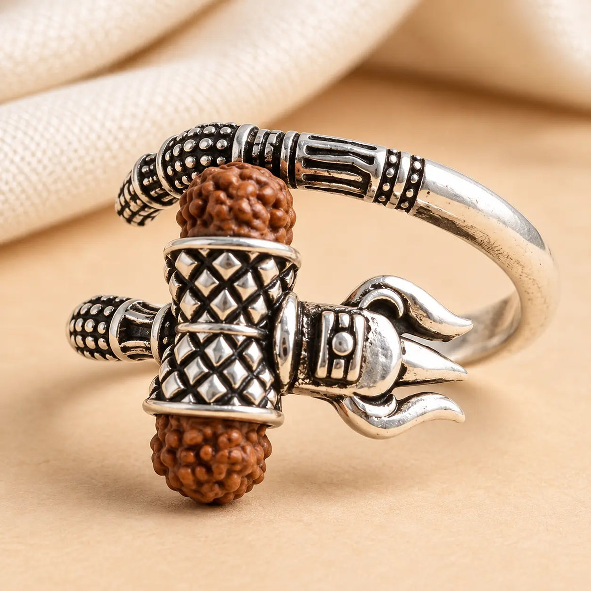 Mahadev Trishul Rudraksha Silver Spiral Ring