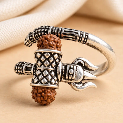 Mahadev Trishul Rudraksha Silver Spiral Ring