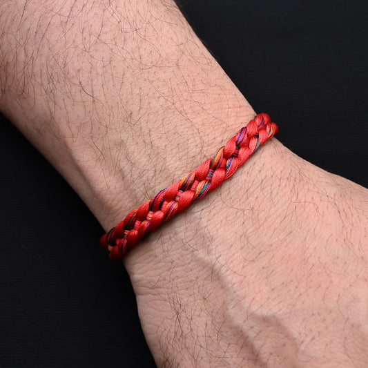 Elegant silver Kalava moli bracelet featuring a royal red knitted design for a regal look