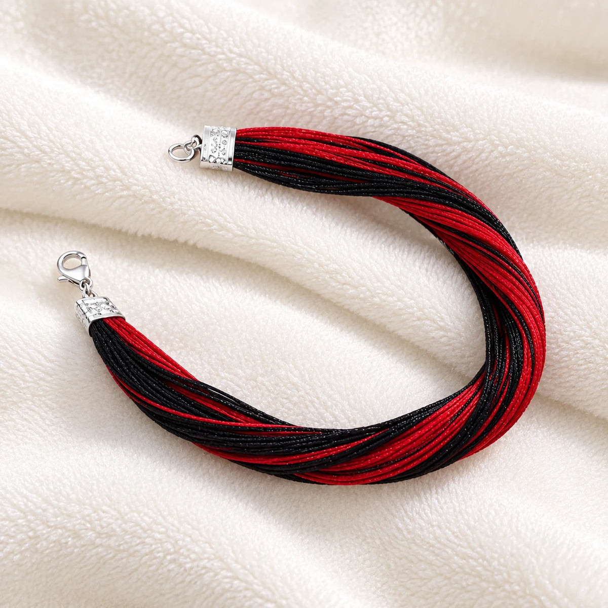 Handcrafted Red & Black Sacred Thread Silver Bracelet