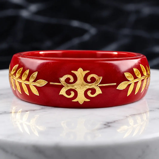 Red Heritage Band Ring with Gold Floral Motif Design