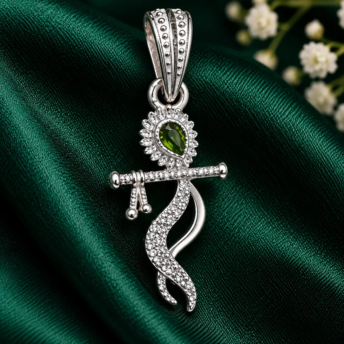 Silver Lord Krishna Flute Pendant With Stone for Men & Women