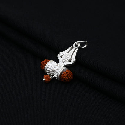 Charming silver pendant with a precious Trishul and Rudraksha bead for blessings