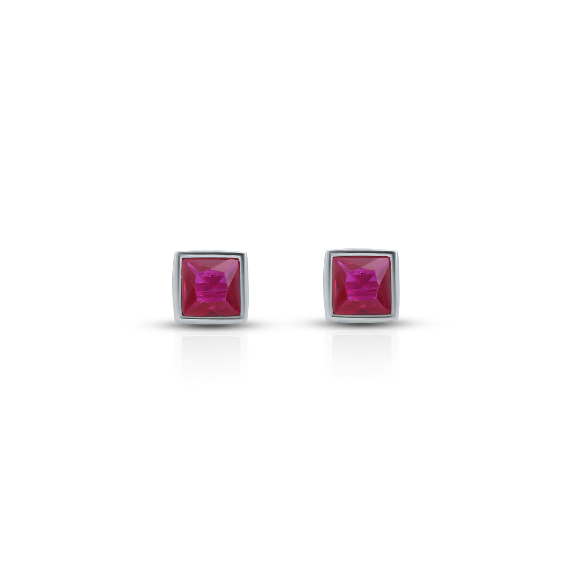 Square silver stud earrings featuring pink stones