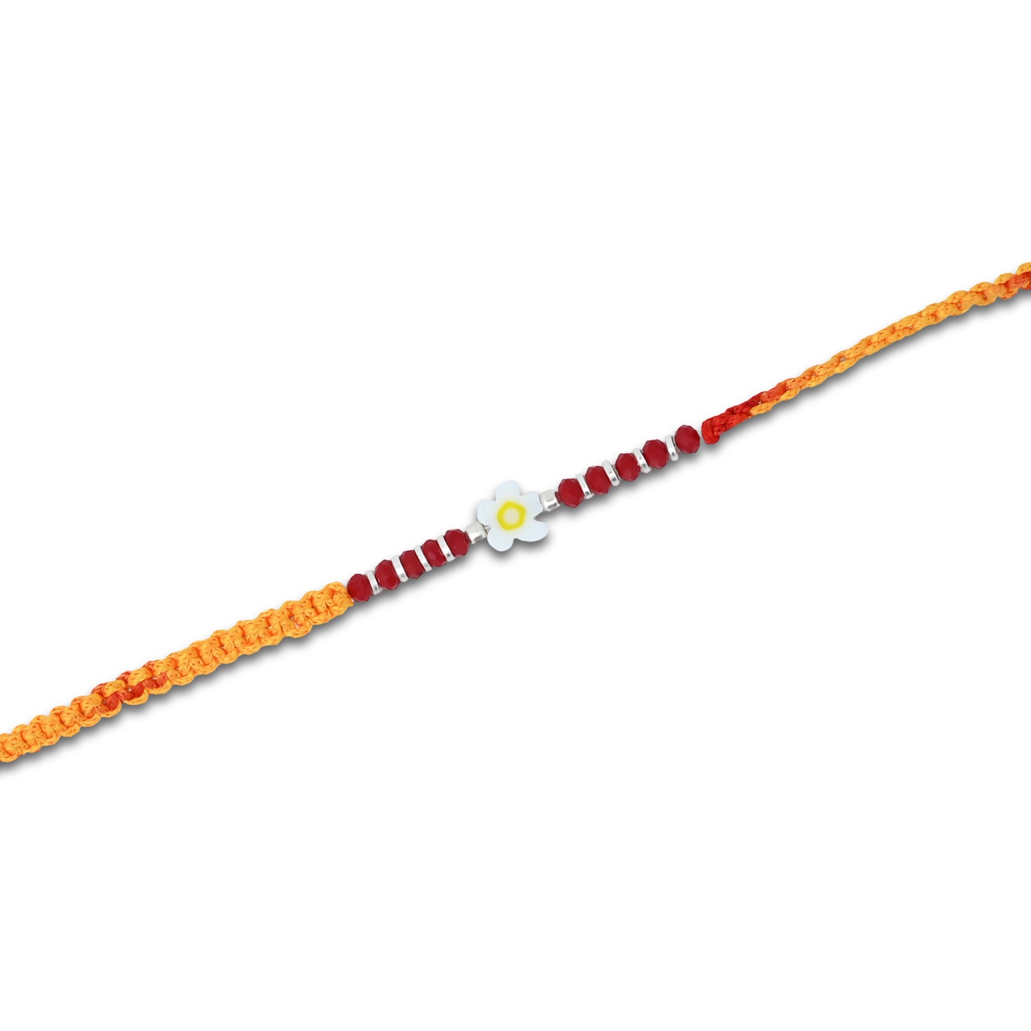Boys' Rakhi featuring a silver center white flower with accents of silver and light red beads