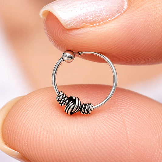 Classic Silver Nose Ring with Tribal Beads Design