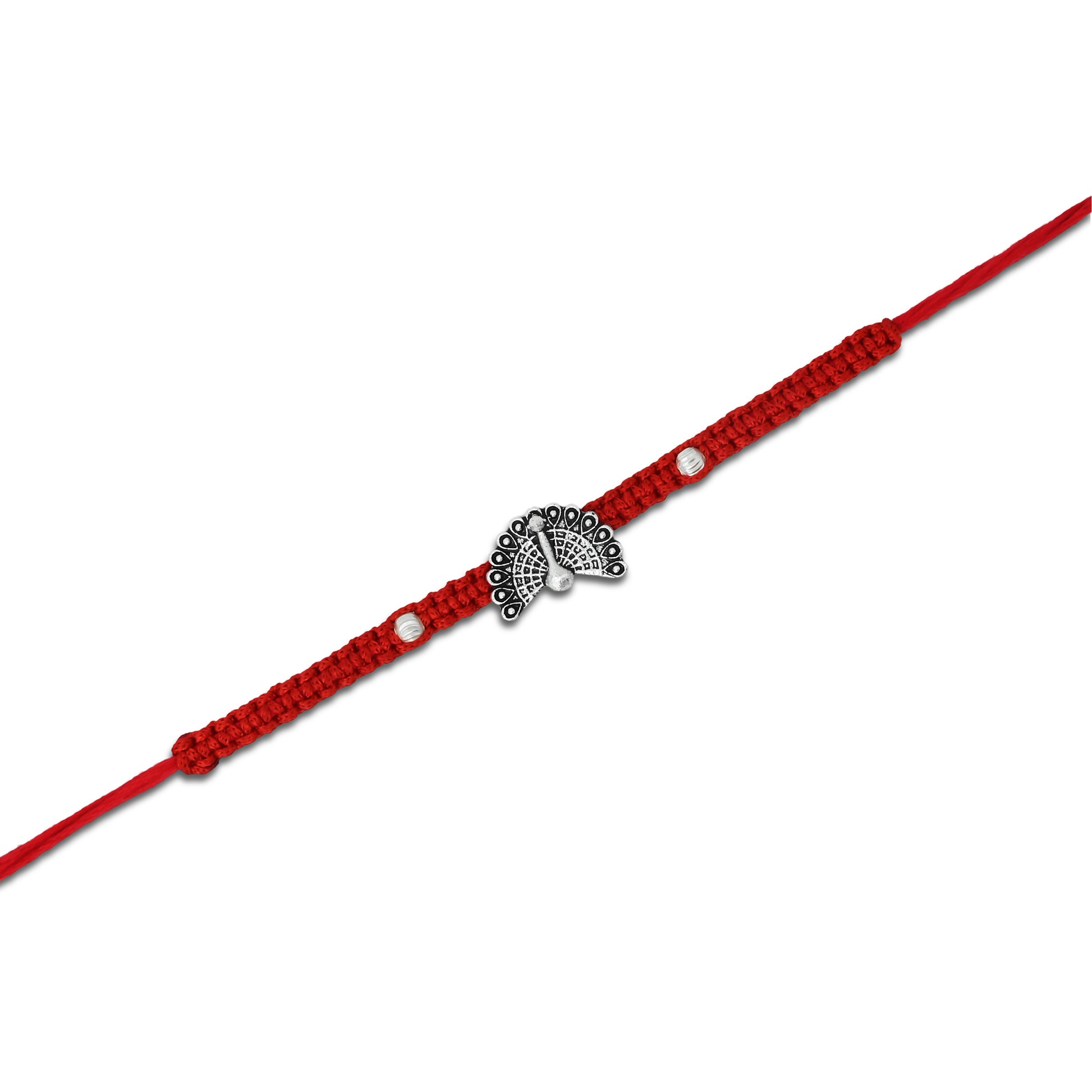 Boys' Rakhi featuring a silver peacock design with open feather details