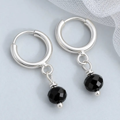 Silver Hoop TickTock Earrings with Black Bead Charm