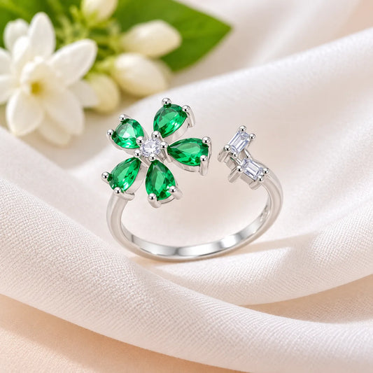 Silver Green Flower Gemstone Ring
