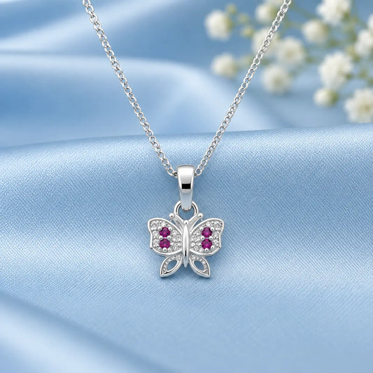 Pink Stone Butterfly Silver Pendant