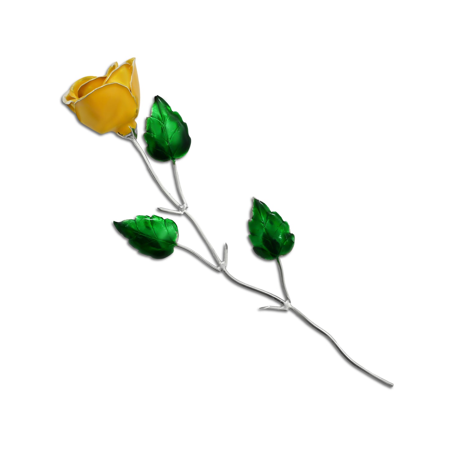 Delicate silver yellow rose with emerald green leaves, showcasing fine craftsmanship