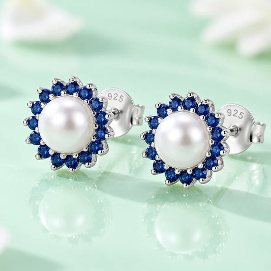 Silver Small Blue Stone on Edge Flower Design Earrings for Girls