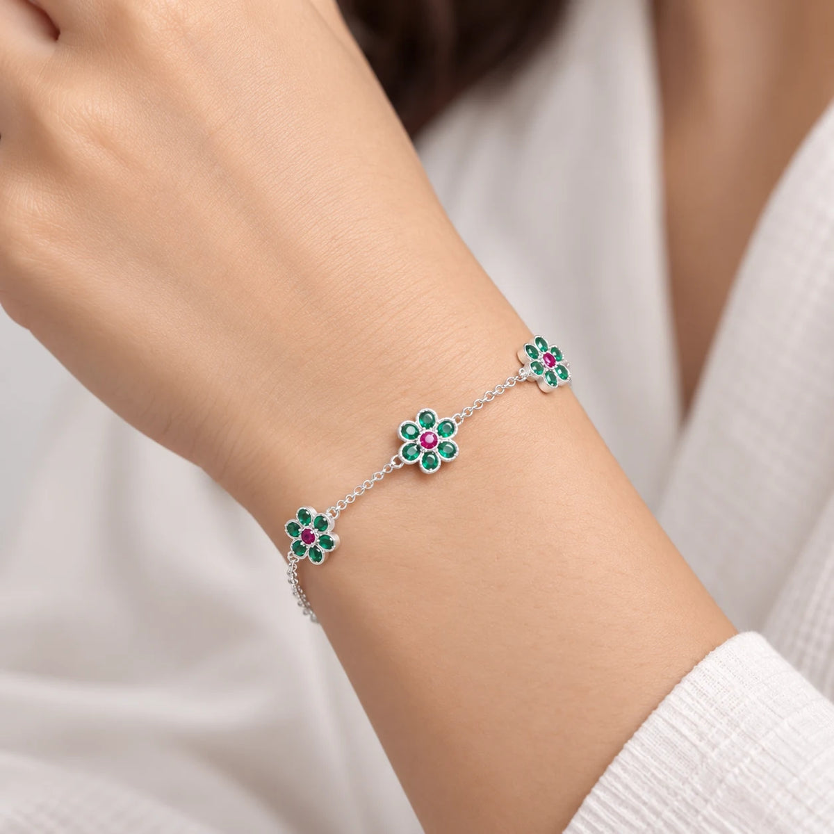 Silver Floral Charm Bracelet with Green & Pink Stones for Women