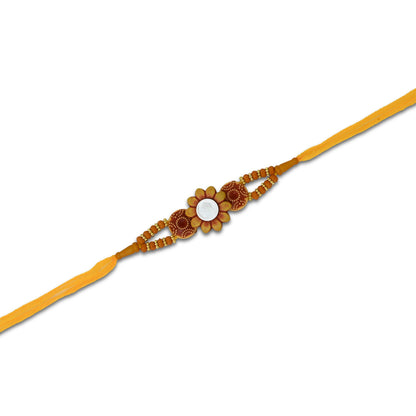 Silver Center Ganesh Ji with Wooden Theme Flower Design Rakhi for Boys
