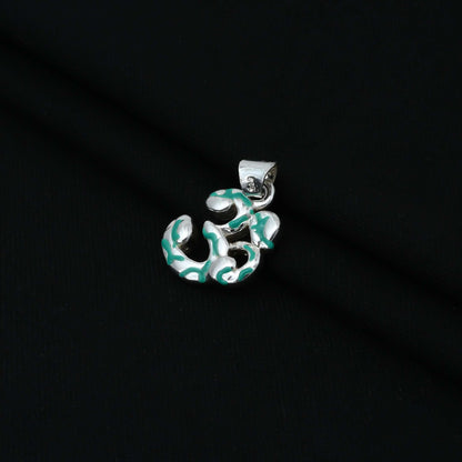 Charming sterling silver pendant with a green Om symbol and intricate lining details, ideal for girls