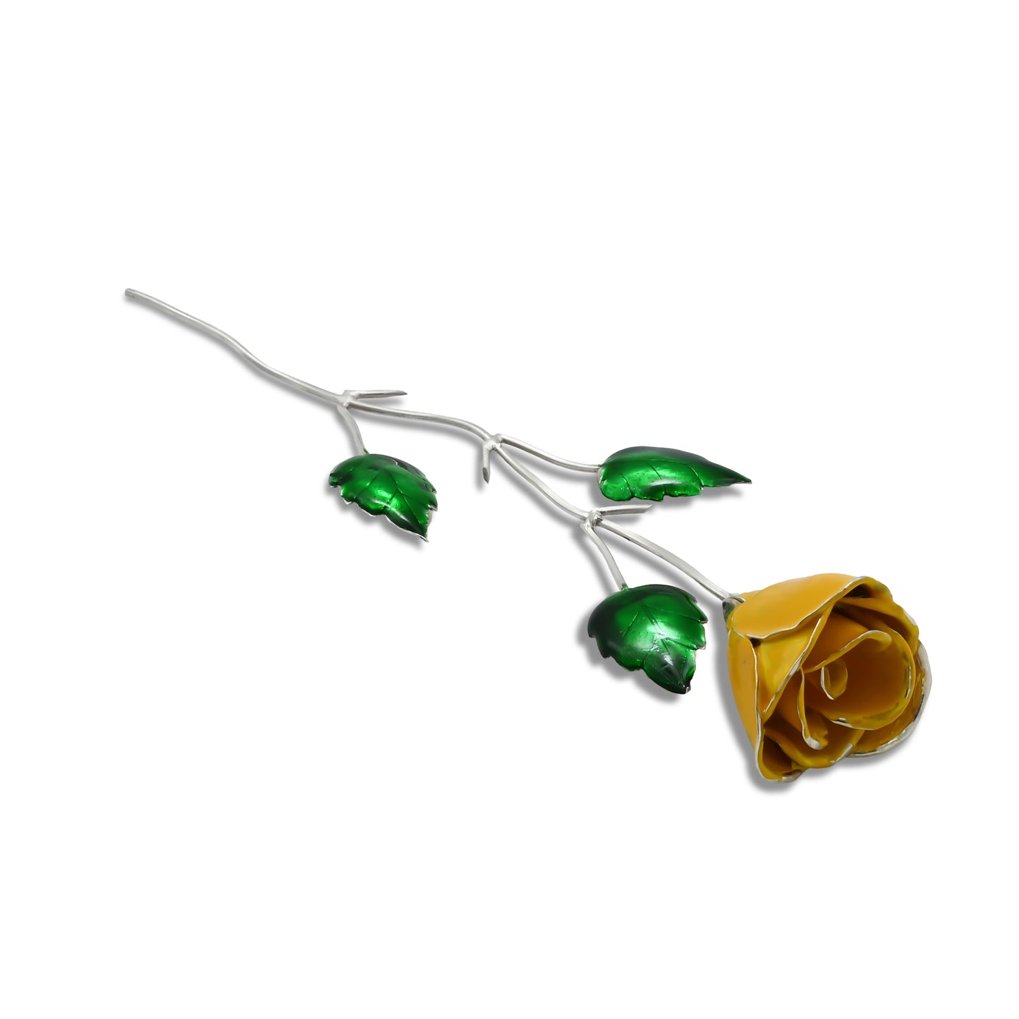 Close-up of the intricately designed silver yellow rose with vibrant emerald green leaves.