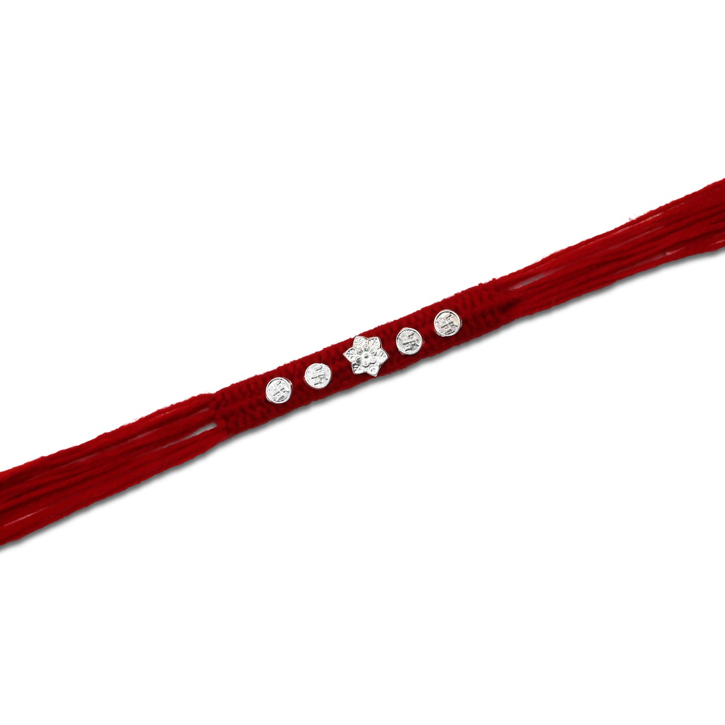Boys' Rakhi featuring a silver flower centerpiece with a Swasthik design.