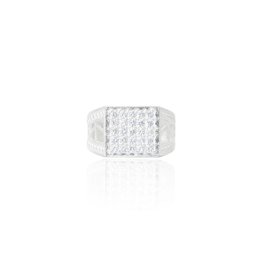 Silver men's ring with a shiny, polished finish, offering a sleek and casual design.