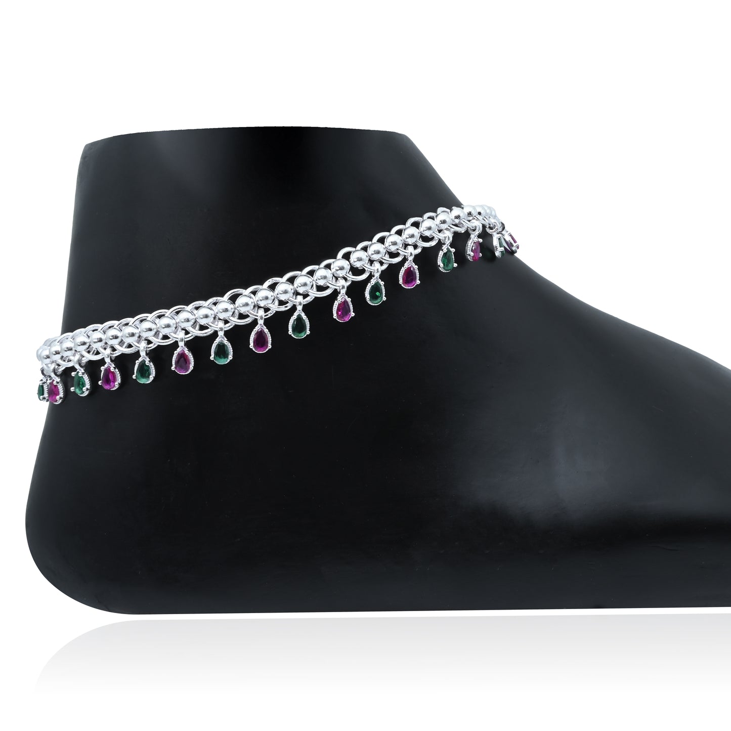 Delicate Silver Anklet/Payal with Pink-Green Stones – Elegant and Fashionable