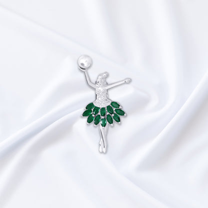 Silver Pari Design Sari Pin with White Moti and Green Stones.