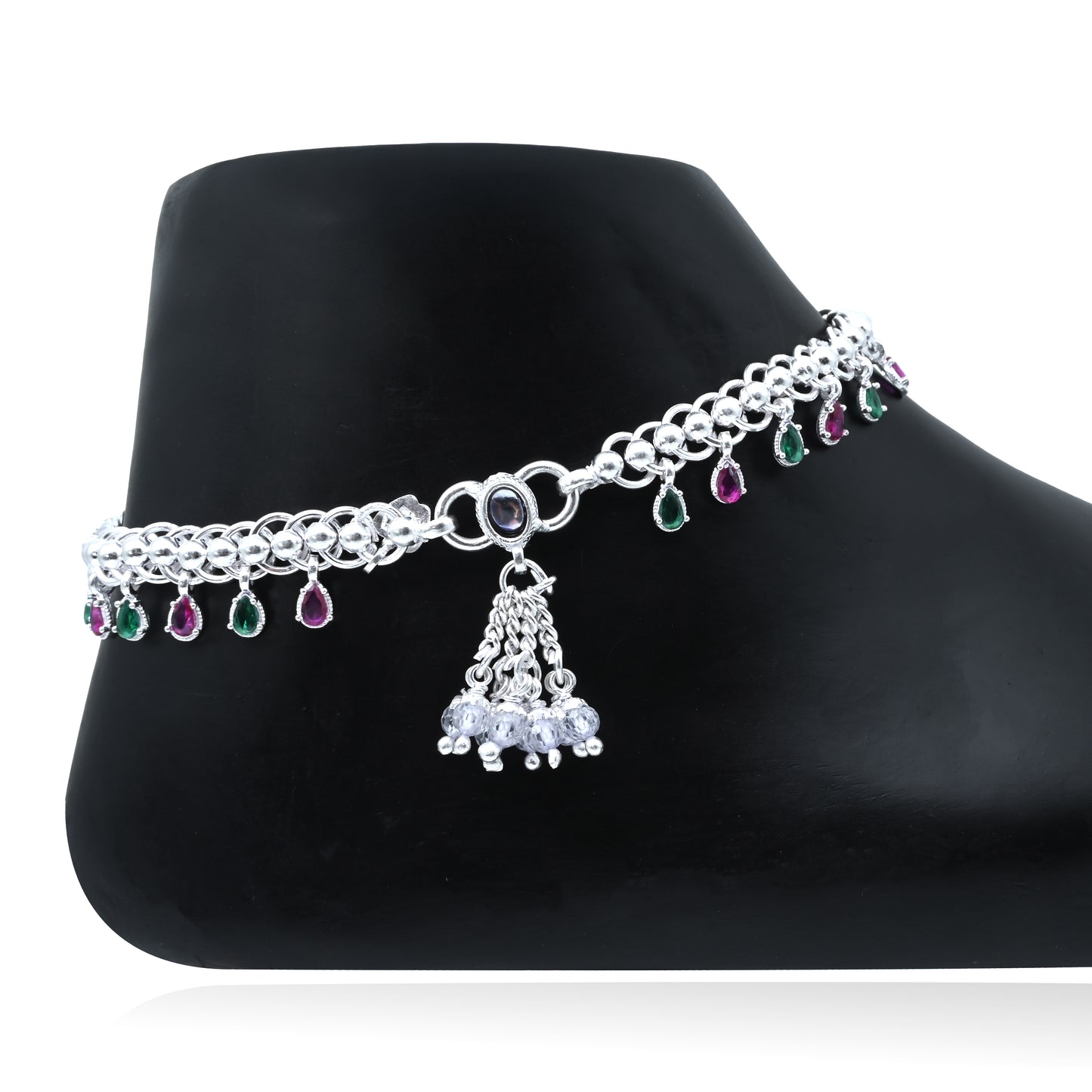 Delicate Silver Anklet/Payal with Pink-Green Stones – Elegant and Fashionable