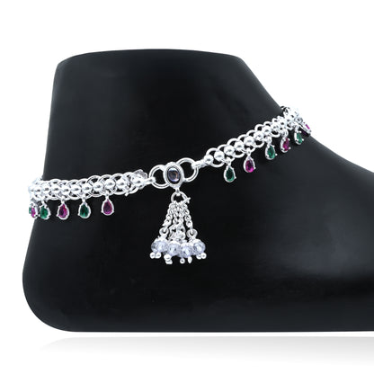 Delicate Silver Anklet/Payal with Pink-Green Stones – Elegant and Fashionable