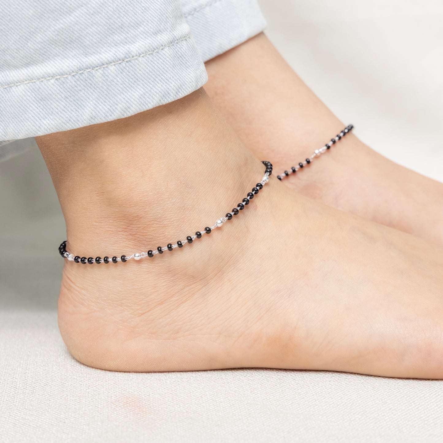 Classic Silver Anklet with Burst Black & White Beads