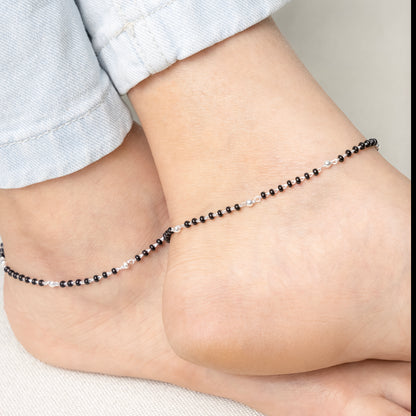 Classic Silver Anklet with Burst Black & White Beads