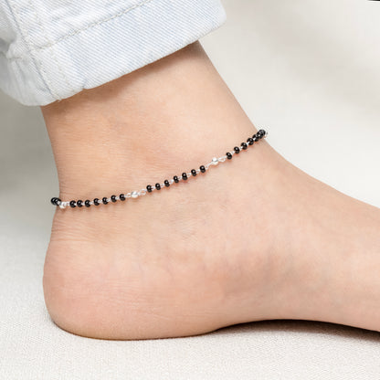 Classic Silver Anklet with Burst Black & White Beads