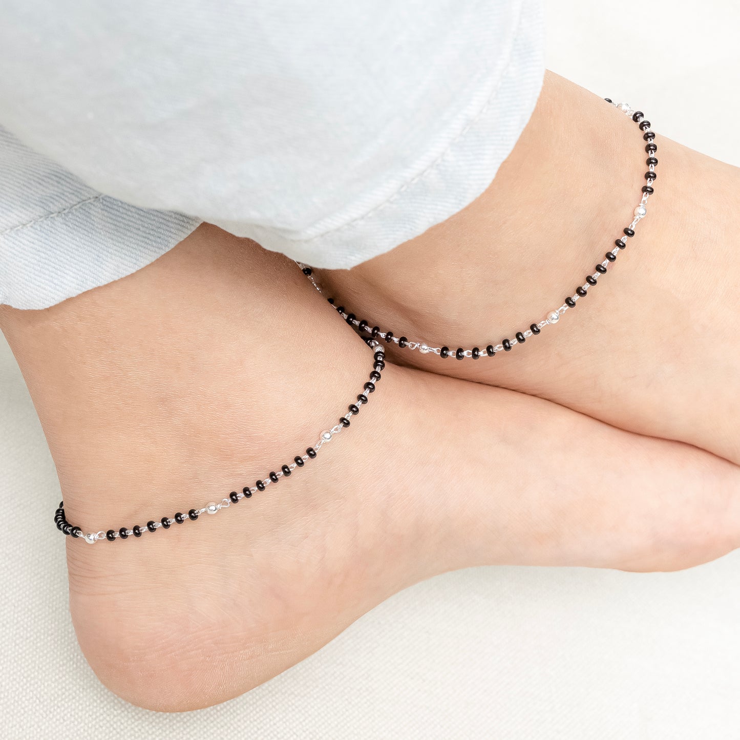 Classic Silver Anklet with Burst Black & White Beads