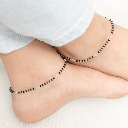 Classic Silver Anklet with Burst Black & White Beads