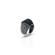 Close-up of a men's silver ring with a striking black onyx stone and intricate texture work