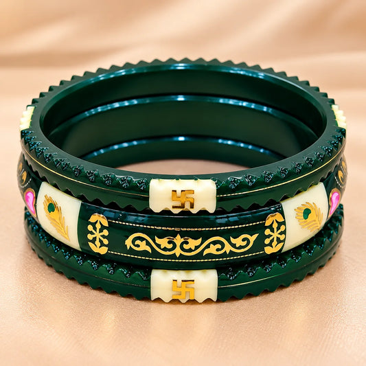 Dark Green Traditional Designer Bangles with Golden Swastika & Peacock Motifs