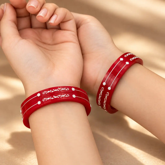 Red Bangles with Silver Floral Design