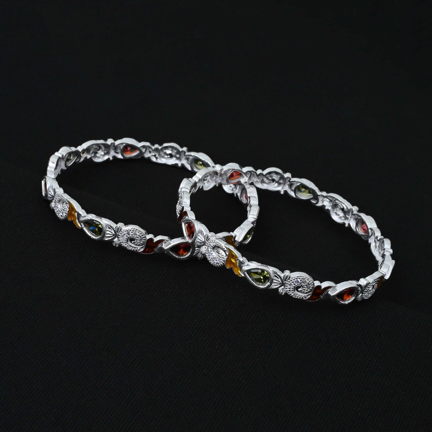 Silver Red and Green Gem Stone Bangles for Girls