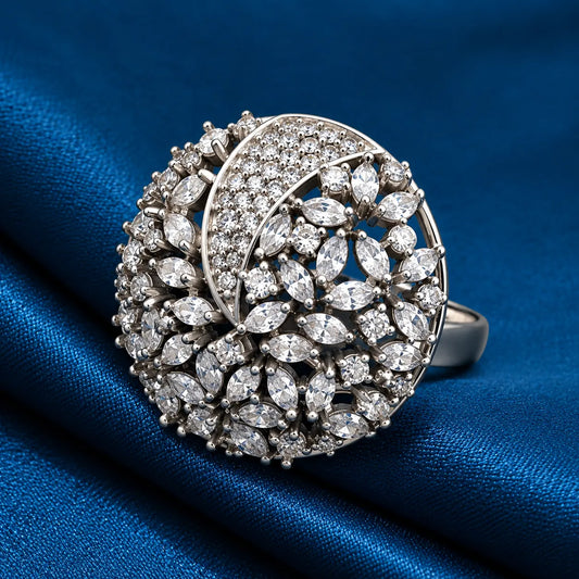 Unique Silver Ring with a Flourish of White Crystals.
