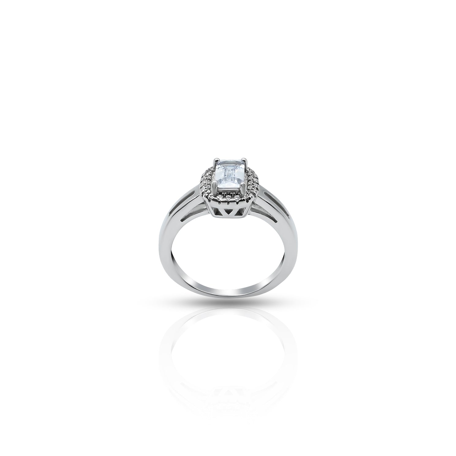 Elegant silver ring featuring light blue gem and CZ stones.