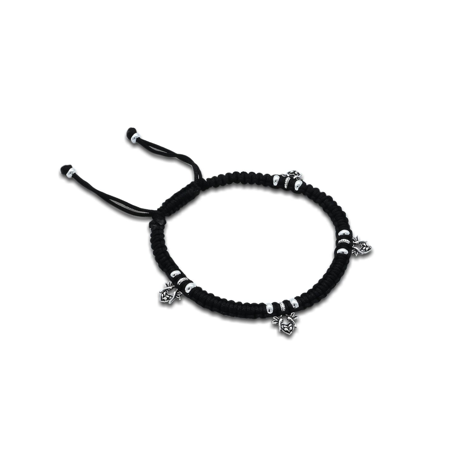 Stylish black thread anklets with oxidized silver 'Pigeons' Love'.