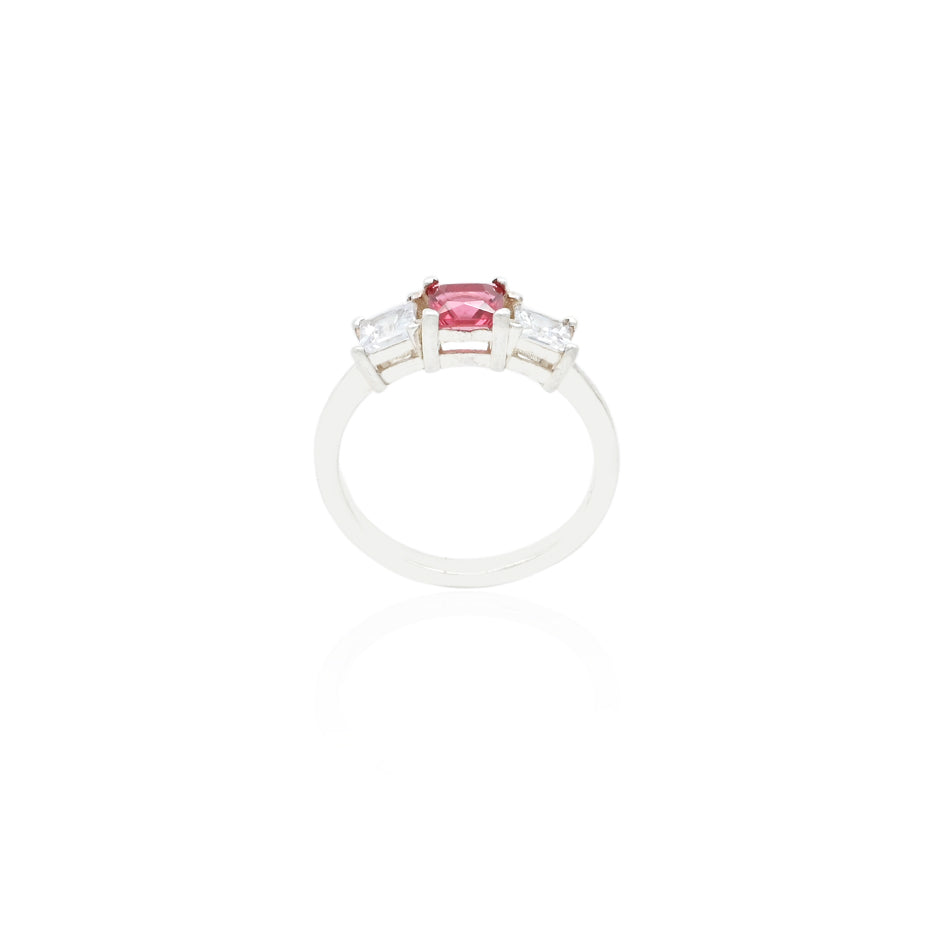 Elegant silver ring adorned with a pink baguette cut stone