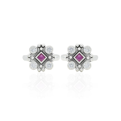 Pink & White Stone Silver Toe Ring for Women