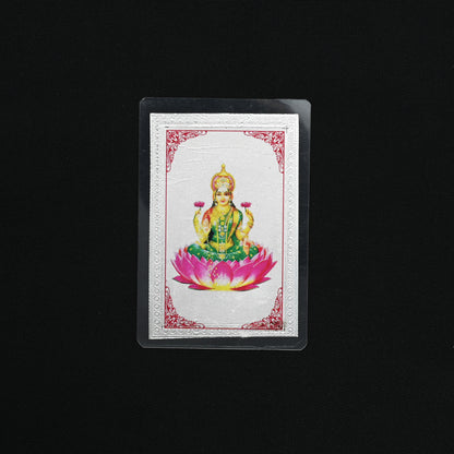 Close-up of the 999 silver Lucky Lakshmi Ji Yantra picture card, featuring intricate designs for wealth.