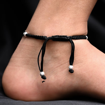 Oxidized silver boy charms black thread anklet.