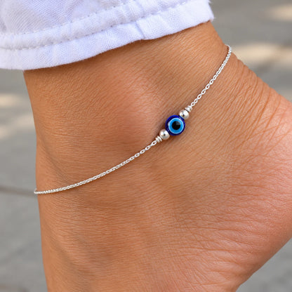Silver Evil Eye Blue Bead Minimal Anklet for Women & Girls