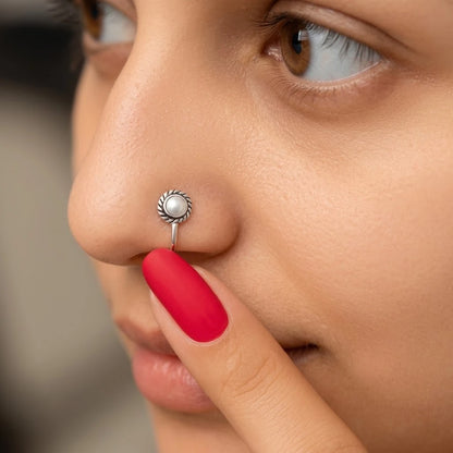 Elegant Silver Nose Ring with White Pearl Stone