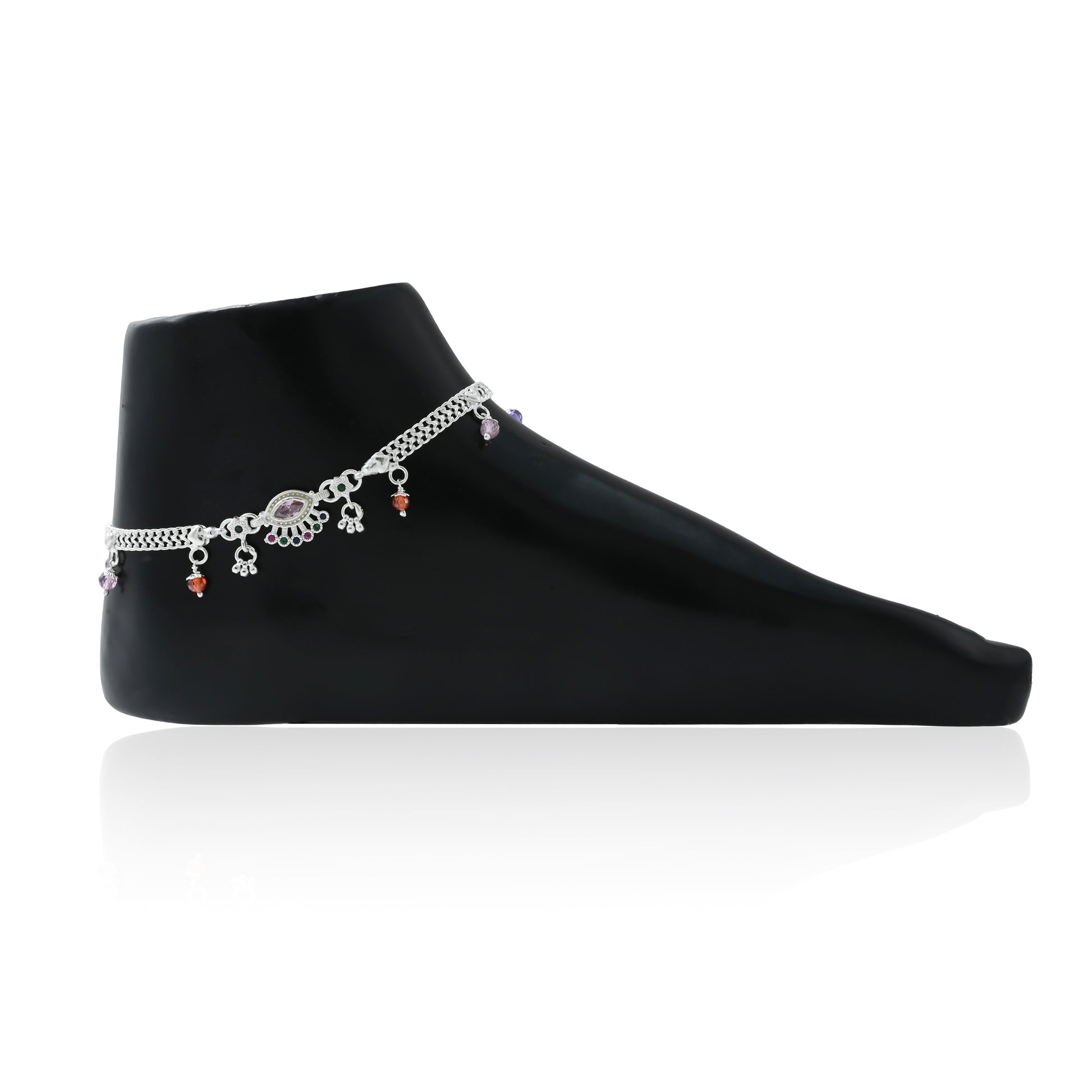 Elegant silver anklet featuring vibrant stones and ghungroo accents