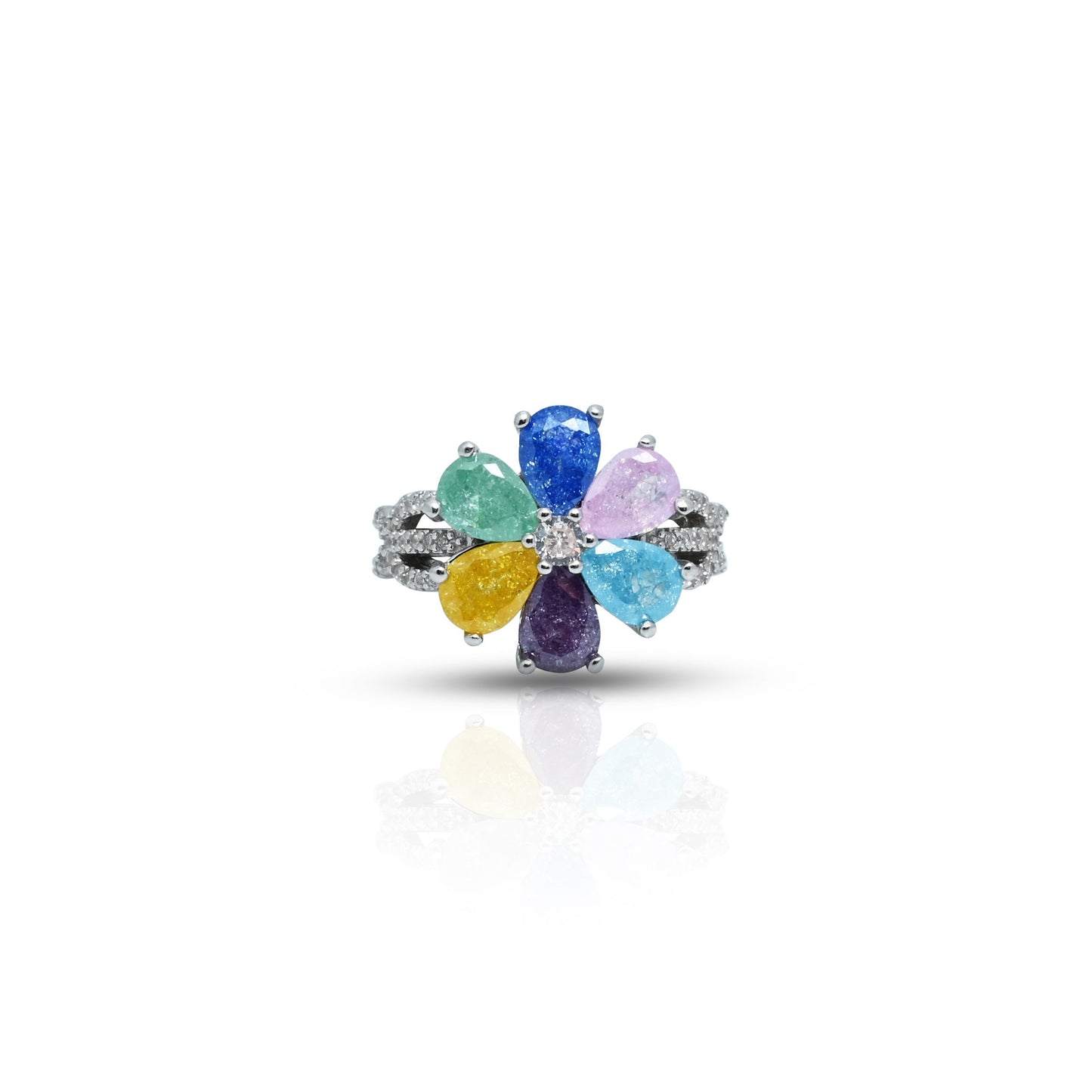 Silver ring featuring a vibrant flower and leaf design, adorned with colorful gemstones for a lively, nature-inspired look.